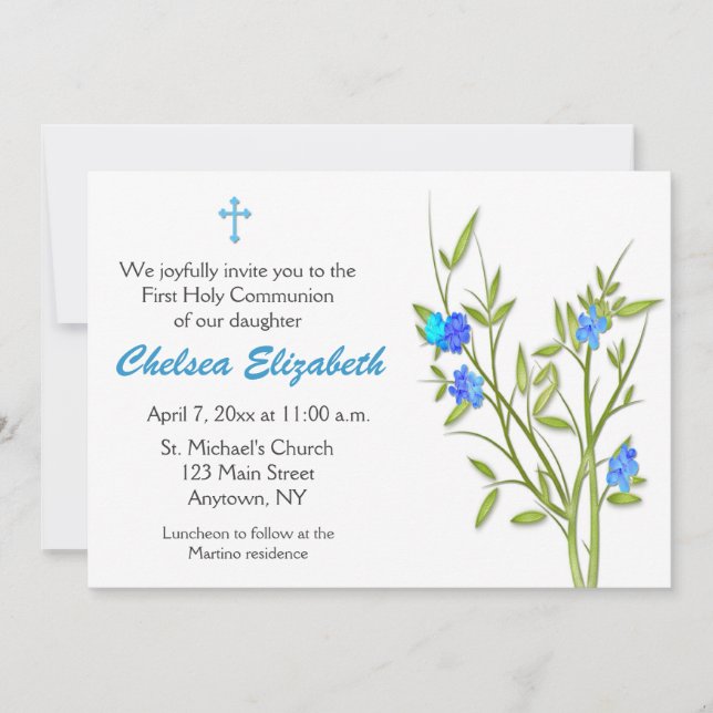 Communion Blue Flowers Invitation (Front)