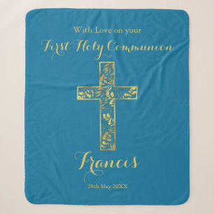 Communion blue gold cross boys  sherpa blanket