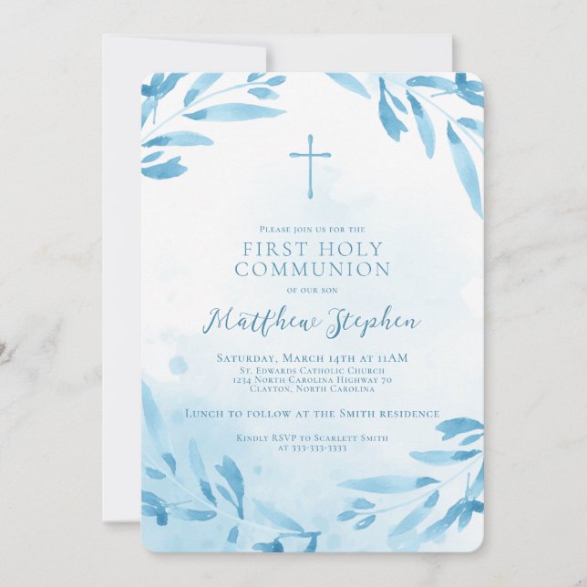 Communion Blue Watercolor Leaves and Cross Invitation (Front)