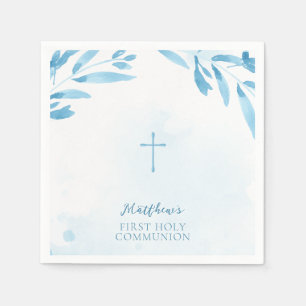 Communion Blue Watercolor Leaves and Cross Napkin