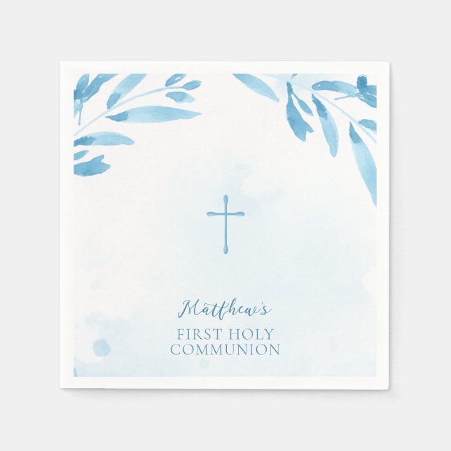 Communion Blue Watercolor Leaves and Cross Napkin (Front)