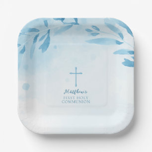 Communion Blue Watercolor Leaves and Cross Paper Plate