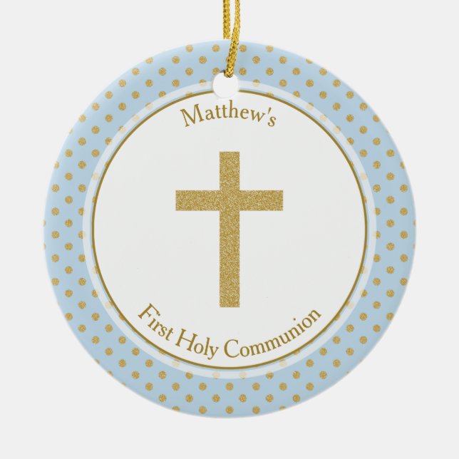Communion Blue with Gold Polka Dots Ceramic Ornament (Front)