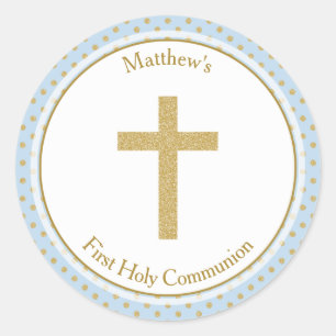 Communion Blue with Gold Polka Dots Classic Round Sticker