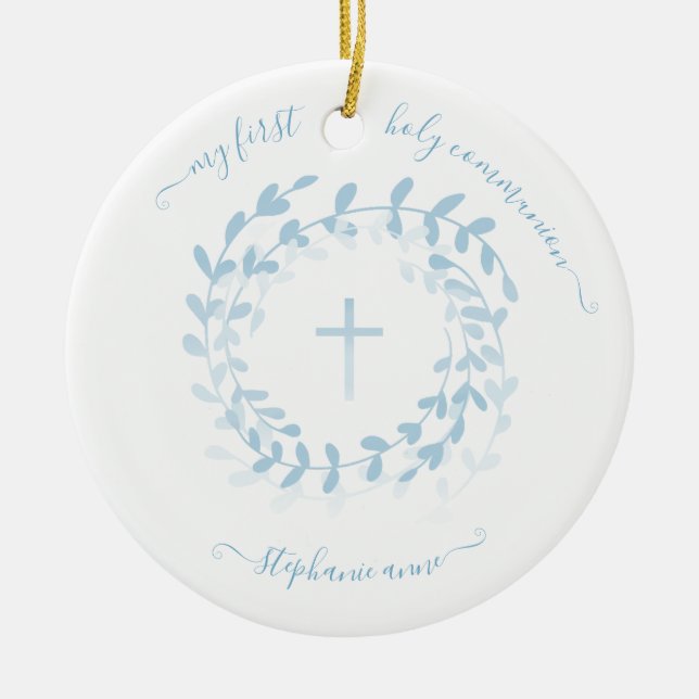 Communion Blue Wreath and Cross Ceramic Ornament (Front)