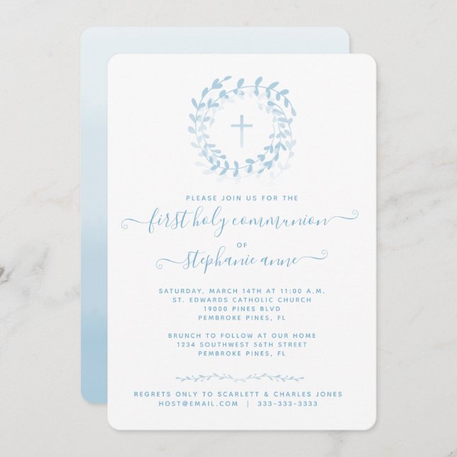 Communion Blue Wreath and Cross Invitation (Front/Back)