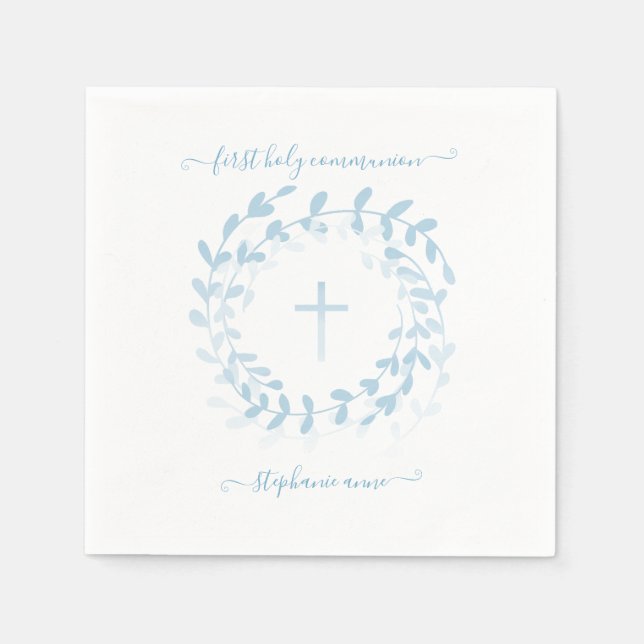 Communion Blue Wreath and Cross Napkin (Front)