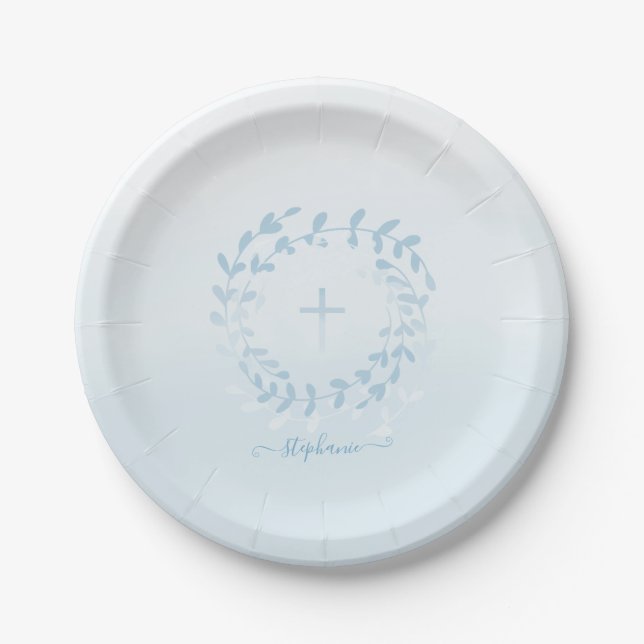 Communion Blue Wreath and Cross Paper Plate (Front)