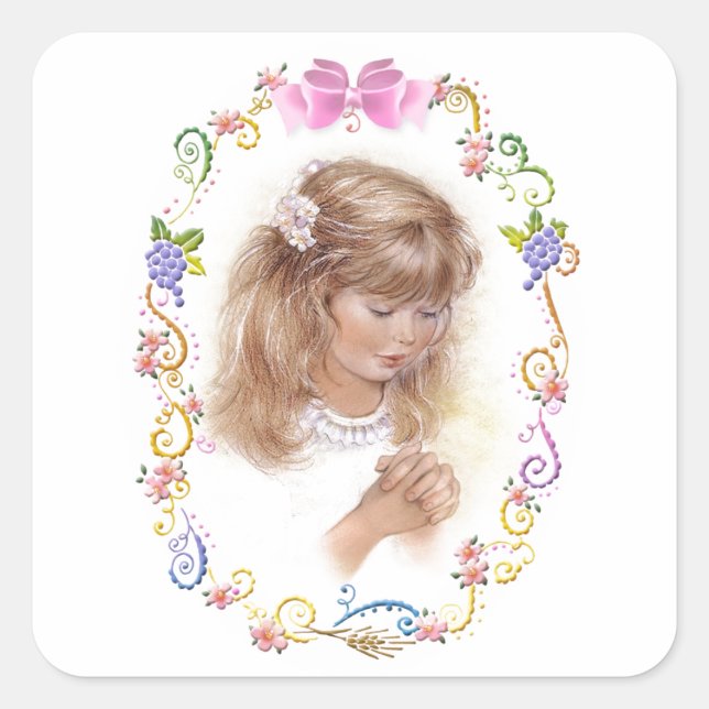 Communion, confirmation girl with flowers square sticker (Front)