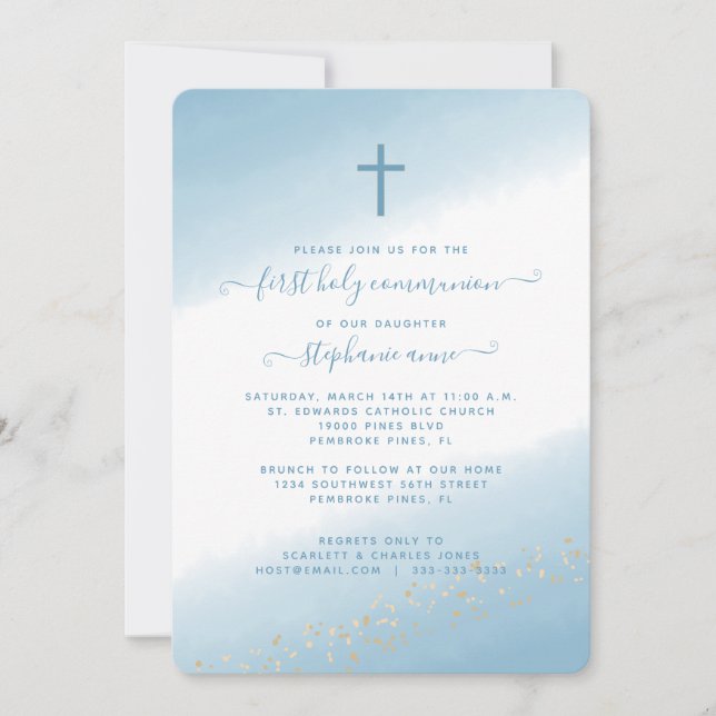 Communion Cross Blue Watercolor Invitation (Front)