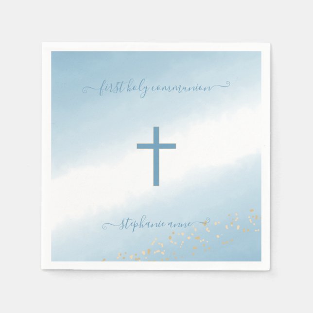 Communion Cross Blue Watercolor Napkins (Front)