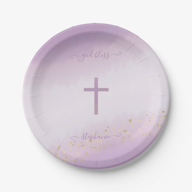 Communion Cross Lavender Watercolor Paper Plate (Front)