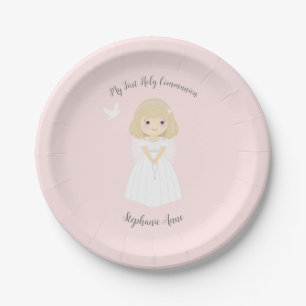Communion Dove Blonde Girl Paper Plate