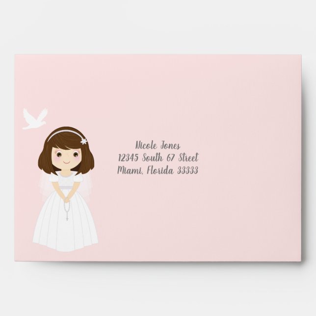 Communion Dove Brunette Girl Envelope (Front)