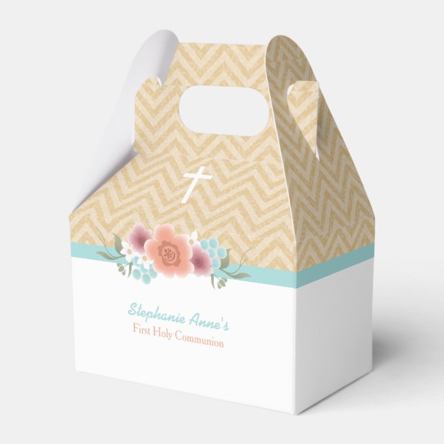 Communion Floral Swag in Gold and Aqua Favor Box (Front Side)