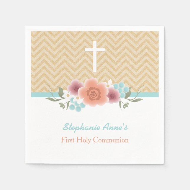 Communion Floral Swag in Gold and Aqua Napkin (Front)