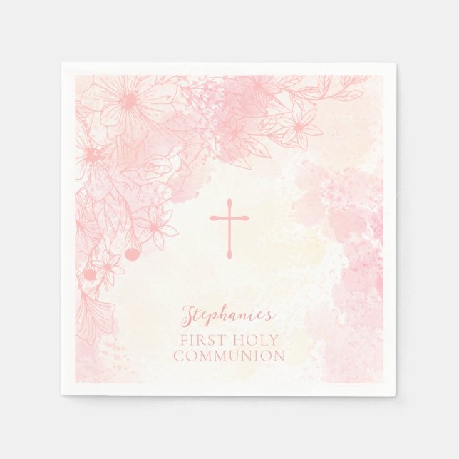 Communion Flowers Pink Watercolors Napkin (Front)