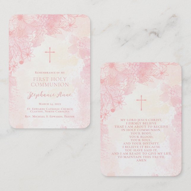 Communion Flowers Pink Watercolors Prayer Cards (Front/Back)