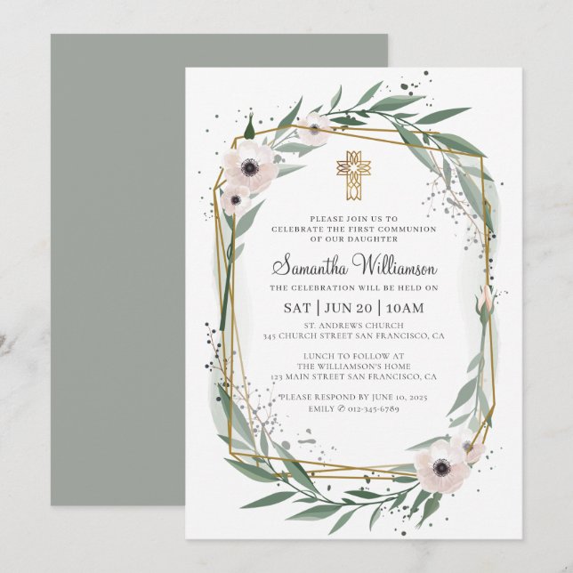 Communion For Her Modern Geometric Floral Cross Invitation (Front/Back)