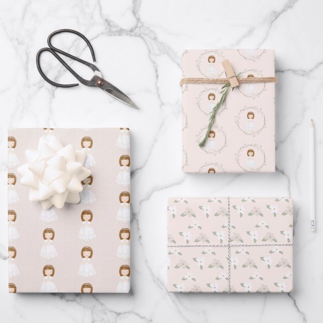 Communion Girl Praying Wrapping Paper Sheet (Front)