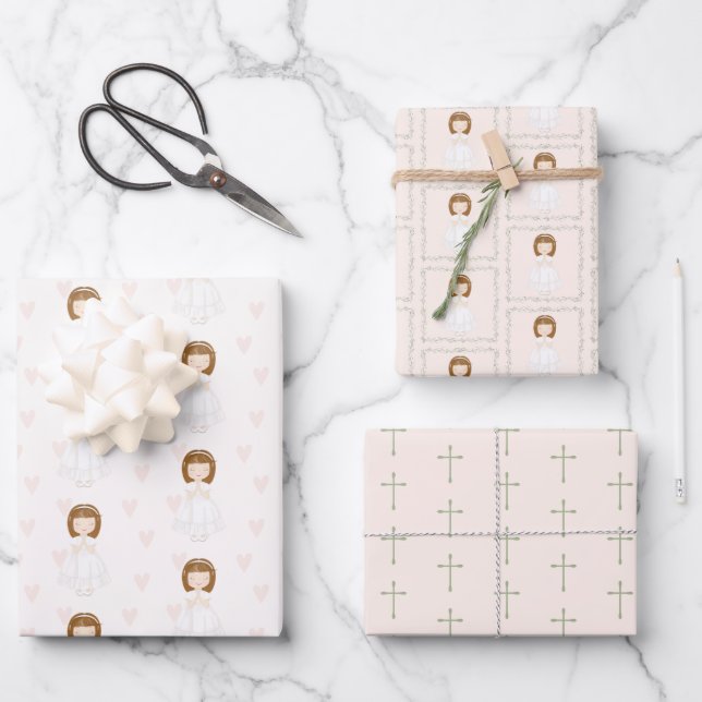 Communion Girl Praying Wrapping Paper Sheet (Front)