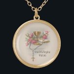 Communion Host Pink Flowers  Chalice Gold Plated Necklace<br><div class="desc">This is a beautiful traditional Catholic image of the Sacred Host (Communion) above the chalice with pink flowers.  Text and fonts may be modified</div>