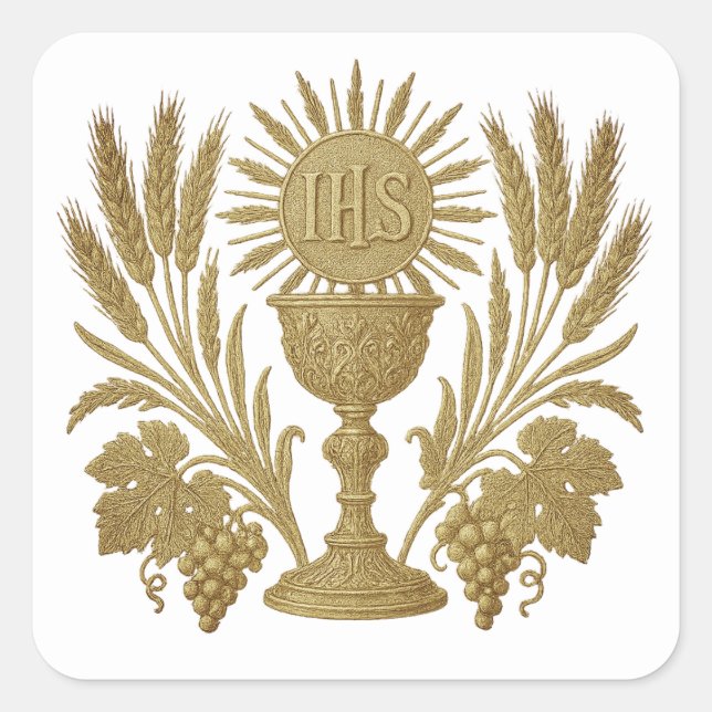 Communion IHS Chalice Wheat Grapes Eucharistic Square Sticker (Front)