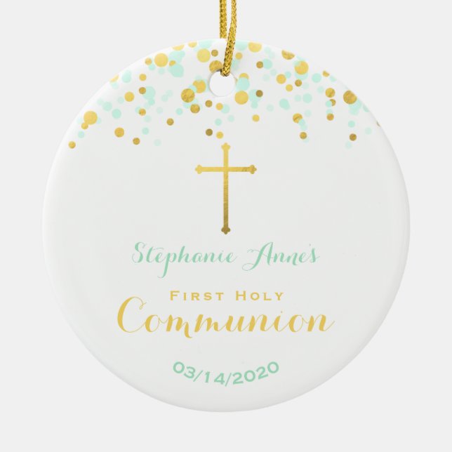 Communion Mint and Gold Confetti Ceramic Ornament (Front)