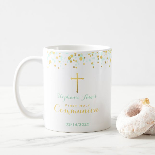 Communion Mint and Gold Confetti Coffee Mug (With Donut)