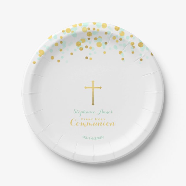 Communion Mint and Gold Confetti Paper Plate (Front)