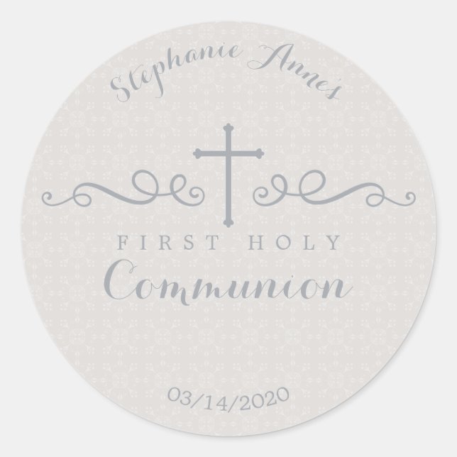 Communion Ornate Cross in Taupe Floral Pattern Classic Round Sticker (Front)