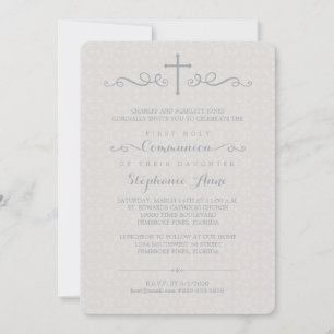 Communion Ornate Cross in Taupe Floral Pattern Invitation