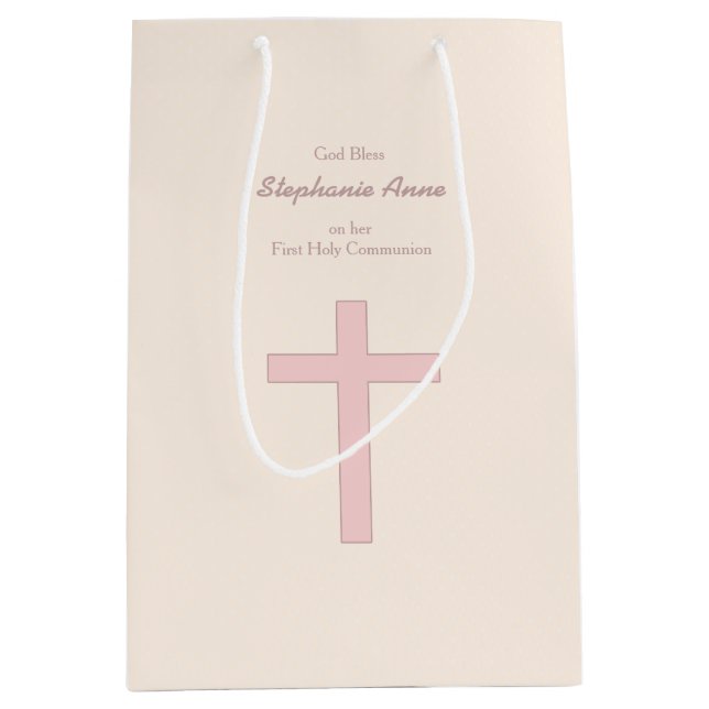 Communion Pastel Pink Cross Medium Gift Bag (Front)