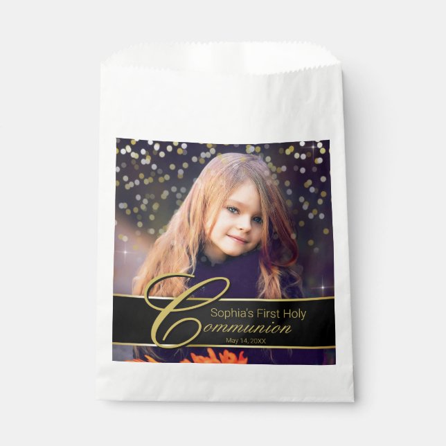 Communion Photo Elegant Gold Typography Glitter Favour Bag (Front)