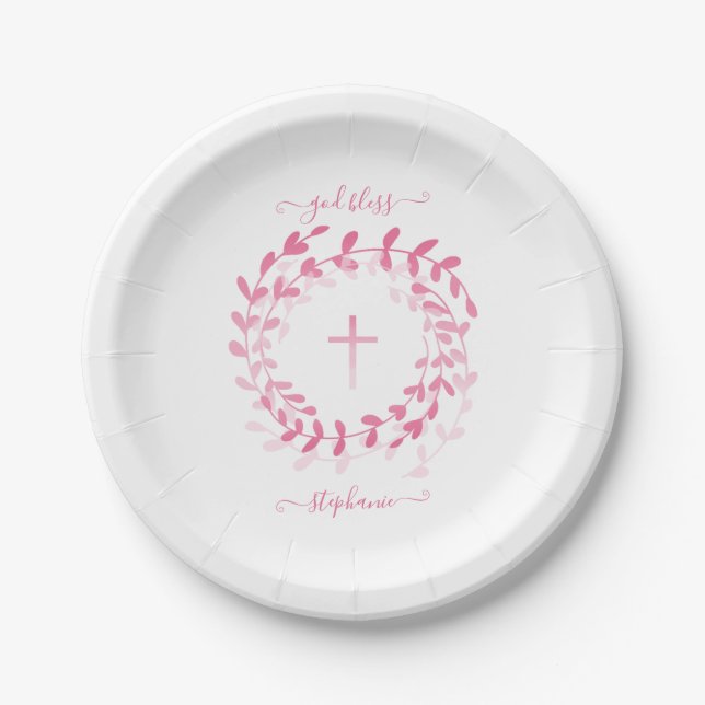 Communion Pink Wreath and Cross Paper Plate (Front)