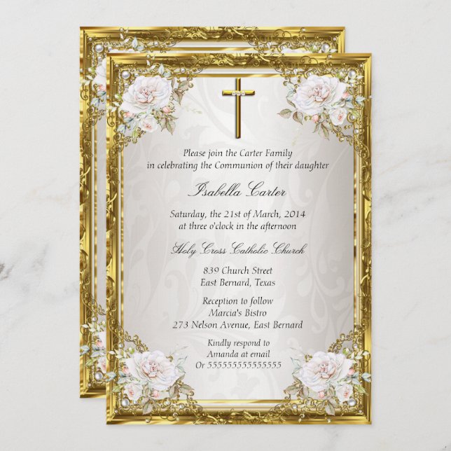 Communion Rose Gold Beige Pearl Damask Cross Invitation (Front/Back)