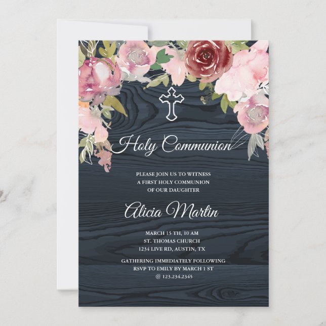 communion sainte en bois bleu rustique invitation (Devant)