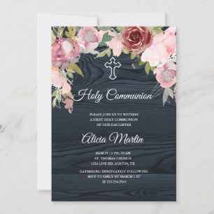 communion sainte en bois bleu rustique invitation