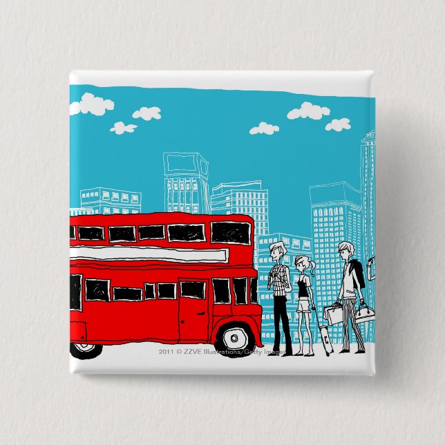 Commuters waiting at bus stop 2 inch square button (Front)