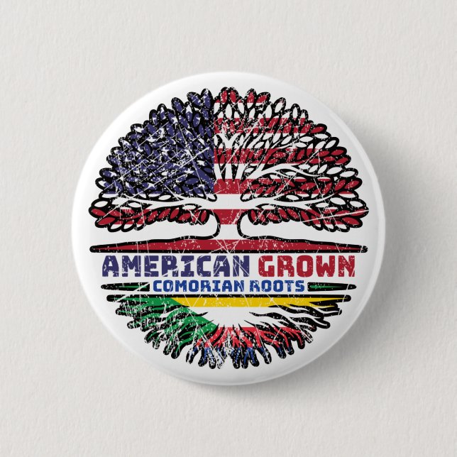 Comoros Comorian American USA Tree Roots Flag 2 Inch Round Button (Front)