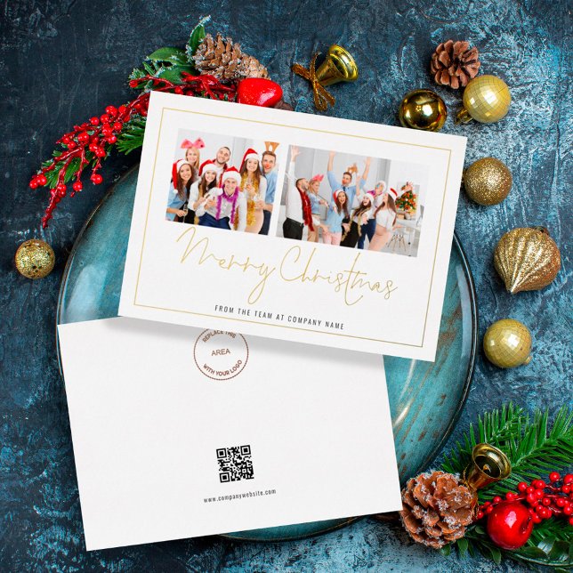 Company 2 Photo QR code Logo Merry Christmas Foil Holiday Card (Front and back view)