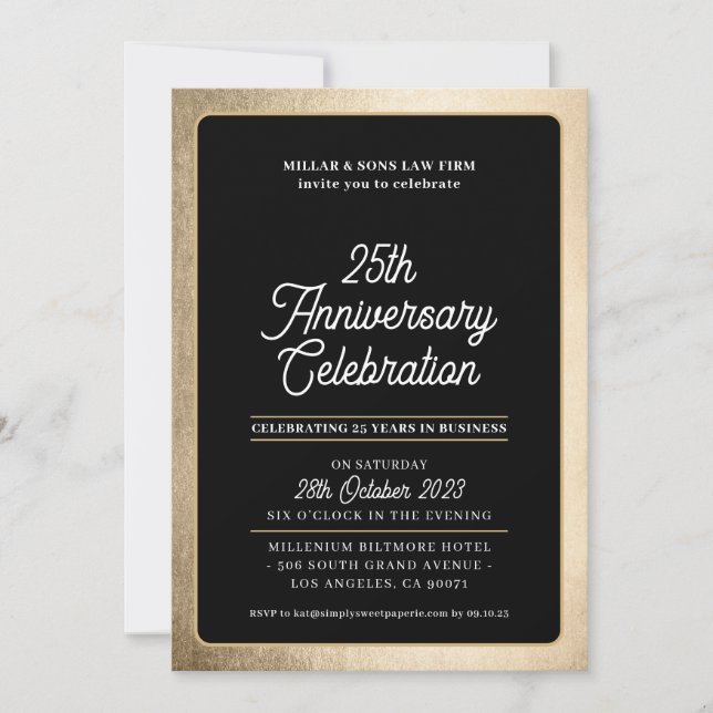 COMPANY ANNIVERSARY modern business black gold Invitation (Front)