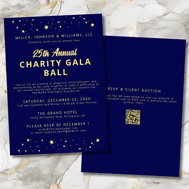 Company Charity Gala Ball Fundraiser Blue Gold Invitation (Company Charity Gala Ball Silent Auction Fundraiser Navy Blue & Gold Invitation with QR Code, Stars.)