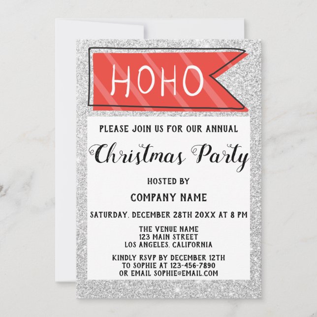 Company Christmas Party Red & Grey Silver Glitter Invitation (Front)