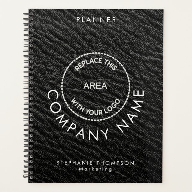Company Employee Name Logo QR Black Faux Leather  Planner (Front)