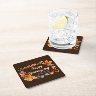 Company Happy Thanksgiving Leaves Brown Party Square Paper Coaster