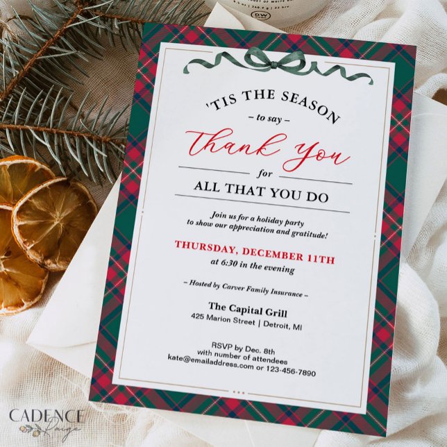 Company Holiday Party Invitation - Thank You (Company Holiday Party invitation with elegant plaid and a thank you message to show gratitude)