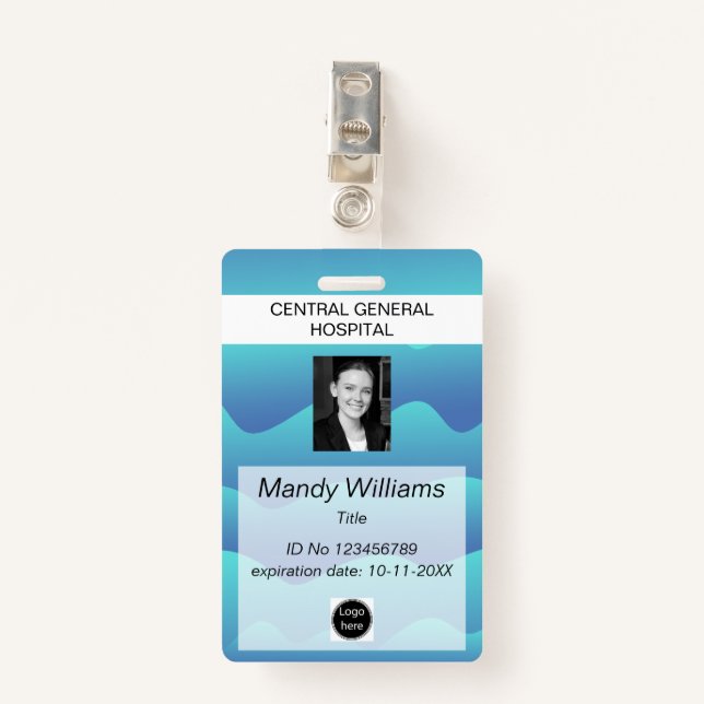 Company ID Employee photo logo blue wave name Badge (Front with Clip)