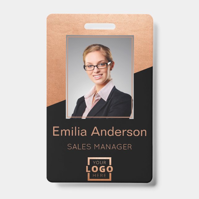 Company Logo Bar Code Employee Photo Rose Gold Badge (Front)