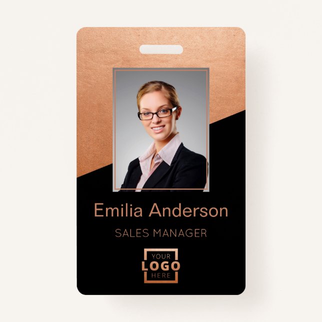 Company Logo Bar Code Employee Photo Rose Gold Badge (Front)